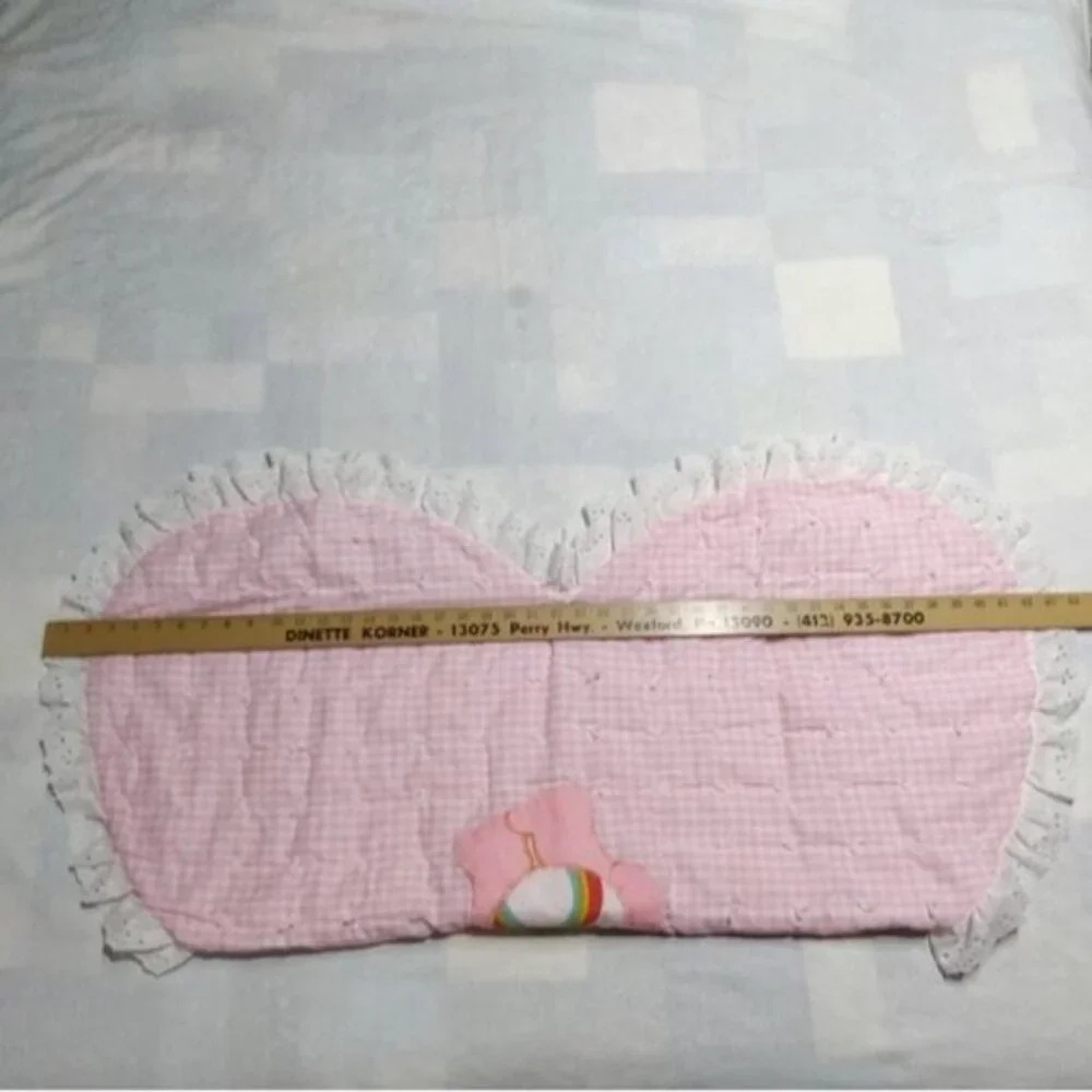 Vintage 80s Care Bears Cheer Bear Applique Pink Gingham Lace Trim Baby Blanket - Picture 5 of 5